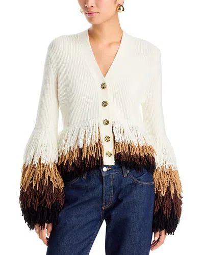 Sonia Rykiel Fringe Trim Loop Stitch Shaped Cardigan In White