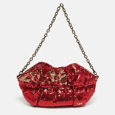 Pre-owned Sonia Rykiel Lips Red/gold Sequins Chain Clutch