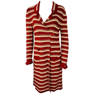 Pre-owned Sonia Rykiel Paris Red And White Knit Cotton Cardigan Sweater, Size 42