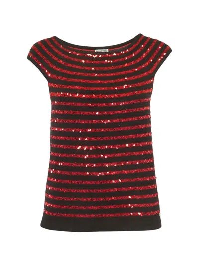 Pre-owned Sonia Rykiel Sequin-embellished Striped Cashmere Top In Red