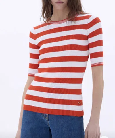 Sonia Rykiel Short Sleeve Stripe Sweater In Tangerine/white Stripe In Red