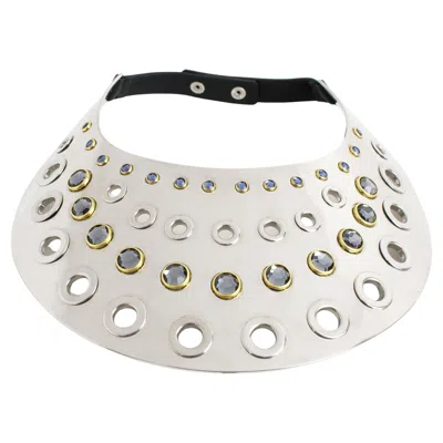 Pre-owned Sonia Rykiel Silvered Metal Bib Necklace With Blue Glass Cabochons
