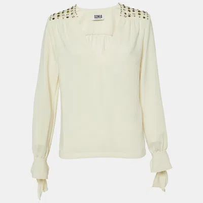 Sonia Rykiel Sonia By  Cream Crepe Embellished V-neck Top In Neutral