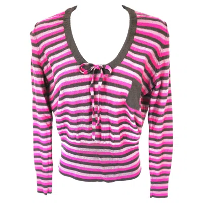 Pre-owned Sonia Rykiel Striped Bowtied Drawstringv-neck Poor Boy Fitted Pullover Sweater In Pink