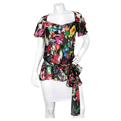 Pre-owned Sonia Rykiel Vintage Floral Print Silk Wrap Blouse In Gray