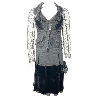 Pre-owned Sonia Rykiel Vintage  Black Lace And Velvet Slip Dress With Jacket Set, Size 38