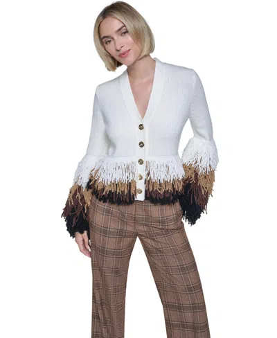 Sonia Rykiel Women's Long-sleeve Colorblock Loop-stitch Fringe Trim Cardigan In White