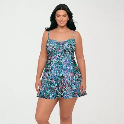 Sonnet Shores Womens Dots Plus Swim Dress In Blue