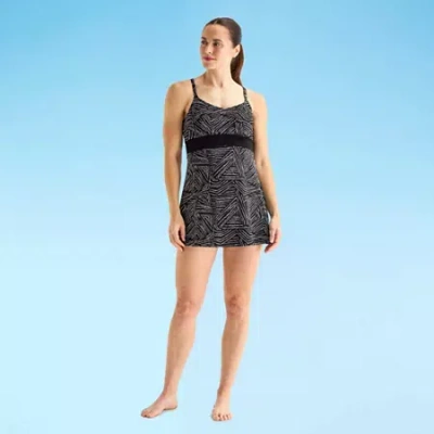 Sonnet Shores Womens Tropical Striped Swim Dress In Black