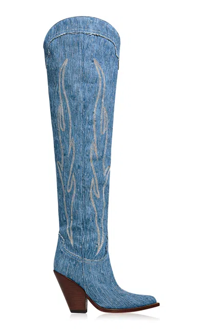 Sonora Hermosa Embroidered Denim Over-the-knee Western Boots In Blue