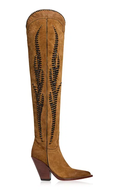 Sonora Hermosa Twist Embroidered Suede Over-the-knee Western Boots In Brown