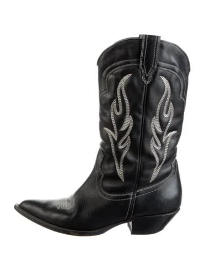Pre-owned Sonora Leather Embroidered Accent Western Boots In Black