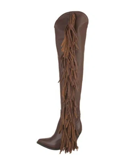 Pre-owned Sonora Leather Fringe Trim Accent Western Boots In Brown