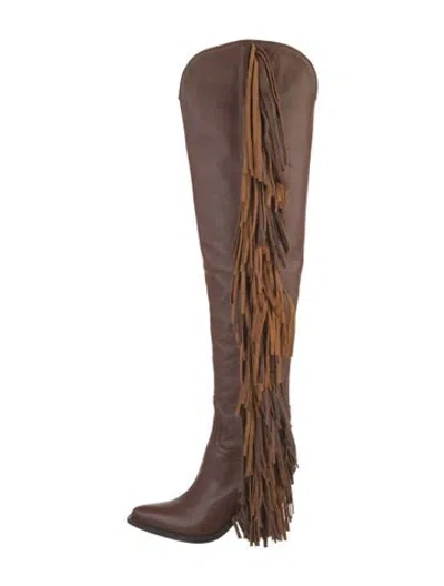 Pre-owned Sonora Leather Fringe Trim Accent Western Boots In Brown