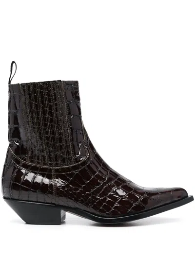 Sonora Patent Crocodile-embossed Boots In Beige