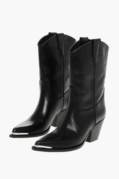 Sonora Point Toe Clara Leather Western Booties 7cm In Black