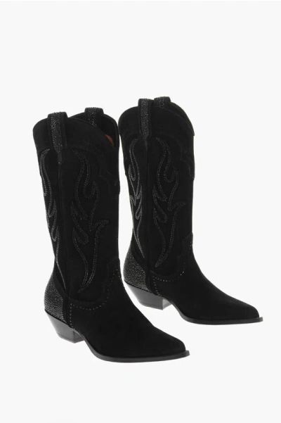 Sonora Suede Cowboy Mid Western Boots With Crystals In Black
