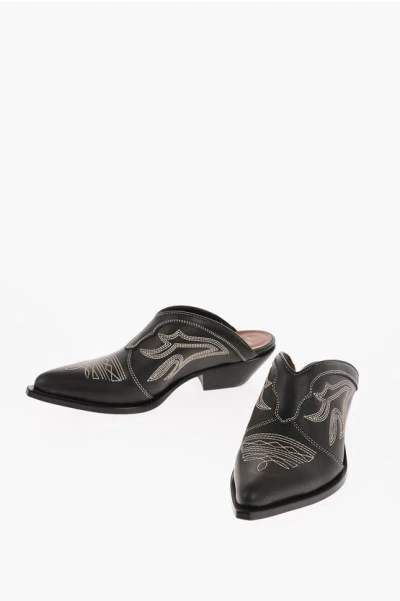 Sonora Western Design Leather Mules With Visible Stitchings In Black