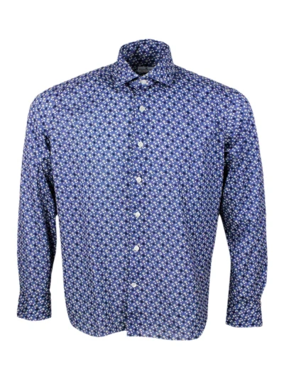 Sonrisa Luxury Shirt In Soft, Precious And Very Fine Stretch Cotton Flower With Spread Collar In Small Micro In Blu