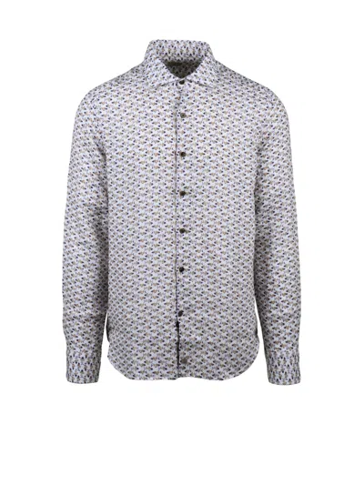 Sonrisa Patterned White Linen Shirt With Classic Collar And Relaxed Silhouette