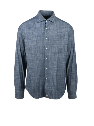 Sonrisa Textured Heathered Cotton Shirt With Classic Button-up Design In Blue