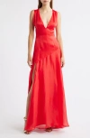 Sonya Moda Alma Plunge Bias Cut Silk Organza Gown In Red
