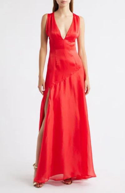 Sonya Moda Alma Plunge Bias Cut Silk Organza Gown In Red