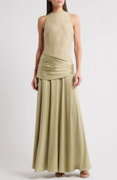 Sonya Moda Dalia Mixed Media Gown In Pistachio