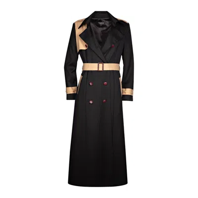 Sookyoung Song Women's Black / Brown / Neutrals Black Pure Wool Trench Coat With Camel Cotton Flap And Belt In Black/brown