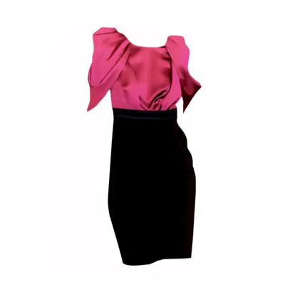 Sookyoung Song Women's Black / Pink / Purple Cherry Pink Satin Floral Sleeve Black Crepe Pencil Skirt Dress In Black/pink/purple