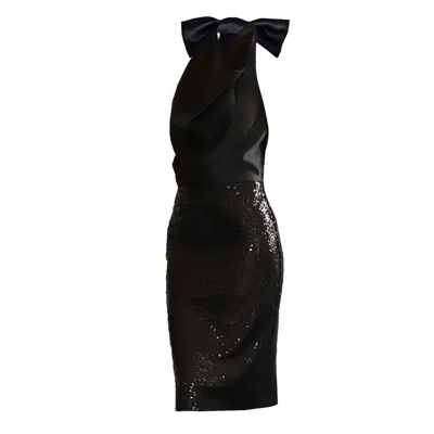 Sookyoung Song Women's Black Satin Halter Neck Sequin Pencil Dress