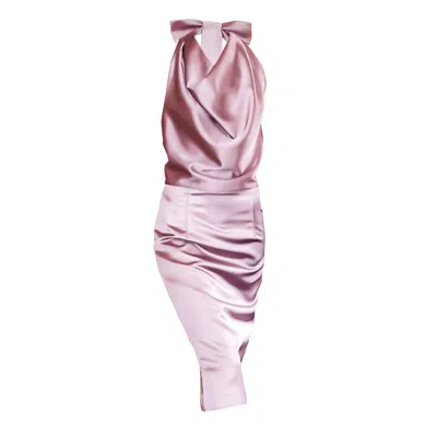 Sookyoung Song Women's Rose Gold / Pink / Purple Champagne Pink Satin Halter Neck Back Ribbon Dress In Rose Gold/pink/purple