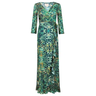 Sophia Alexia Women's Gold / Green Emerald Leopard Maxi Ruffle Wrap Dress In Gold/green