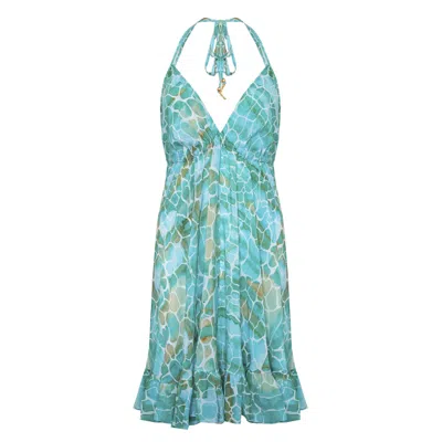 SOPHIA ALEXIA WOMEN'S GREEN AQUA PEBBLES MINI SILK IBIZA DRESS