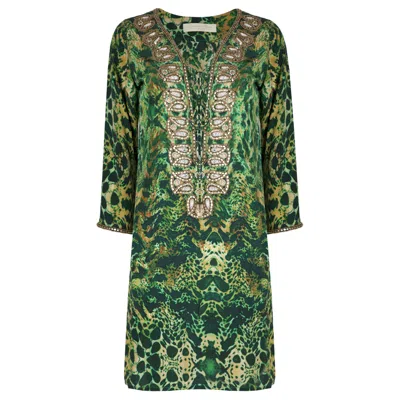 Sophia Alexia Women's Green Emerald Leopard Silk Taj Kaftan