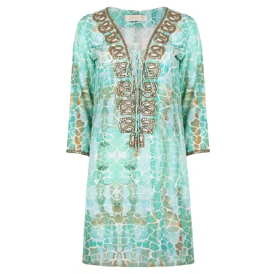 Sophia Alexia Women's Green / Gold Aqua Pebbles Silk Taj Kaftan In Green/gold