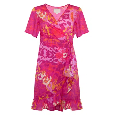 Sophia Alexia Women's Pink / Purple / Yellow Exotic Pink Mini Ruffle Wrap Dress In Pink/purple/yellow