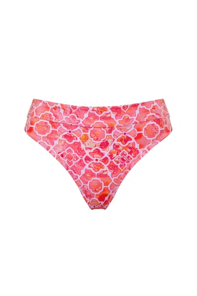 Sophia Alexia Women's Red Marble Mosaic Rio High Rise Fold Over Bikini Bottoms In Pink