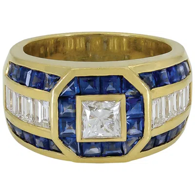 Pre-owned Sophia D . 0.64 Carat Diamond Center With Blue Sapphires Dome Ring In Yellow Gold