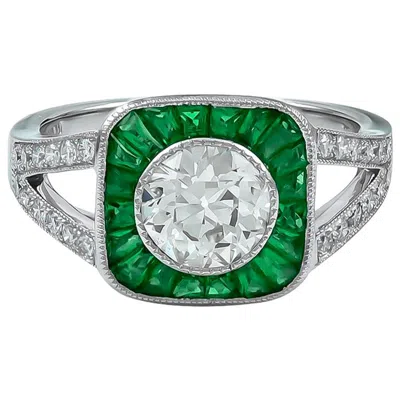 Pre-owned Sophia D . 1.08 Carat Center Round Diamond And Emerald Ring In Platinum Setting In Green