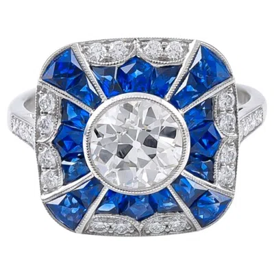 Pre-owned Sophia D . 1.08 Carat Diamond And Blue Sapphire Art Deco Ring Set In Platinum