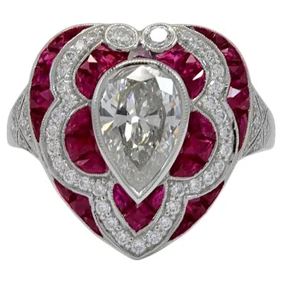 Pre-owned Sophia D , 1.30 Carat Pear Shape Center Diamond And Ruby Ring Set In Platinum In Multi