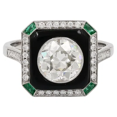 Pre-owned Sophia D . 1.38 Carat Round Diamond, Emerald And Onyx Art Deco Platinum Ring In Green