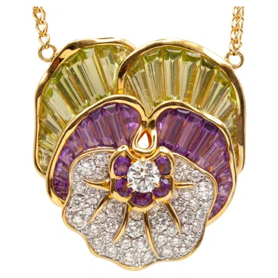 Pre-owned Sophia D Sophia. D 18k Yg Diamond Amethyst Peridot Sculptural Floral Pendant Necklace In Purple