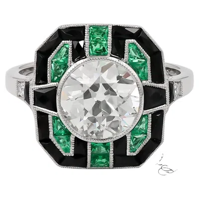 Pre-owned Sophia D . 1.94 Carat Diamond, Onyx, And Emerald Art Deco Ring In Platinum In Green
