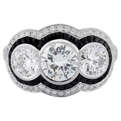 Pre-owned Sophia D . 2.11 Carat Three-stone Diamond And Onyx Ring In Black