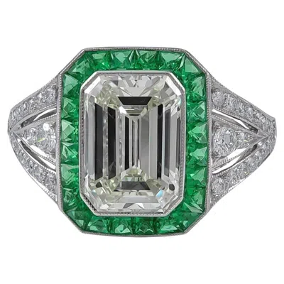 Pre-owned Sophia D 2.75 Carat Center Diamond And Emerald Art Deco Ring In Green
