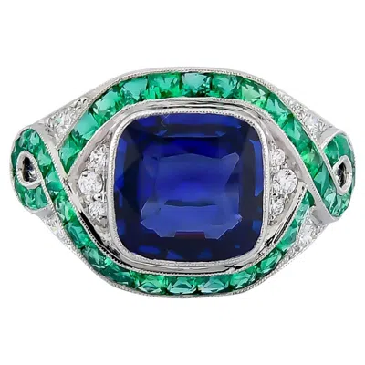 Pre-owned Sophia D . 3.07 Carat Blue Sapphire And Emerald Art Deco Style Ring In Green