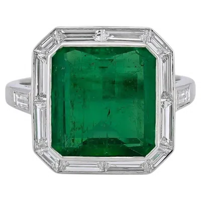 Pre-owned Sophia D 4.26 Carats Art Deco Emerald Cut Ring With Baguette Diamonds In Green