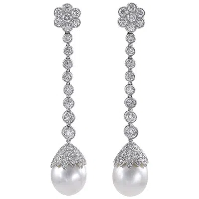 Pre-owned Sophia D . 4.27 Carat Diamond And Pearl Platinum Earrings In Multi
